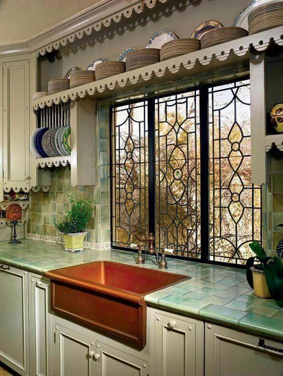 farmhouse kitchen with turquoise tiles on the countertops