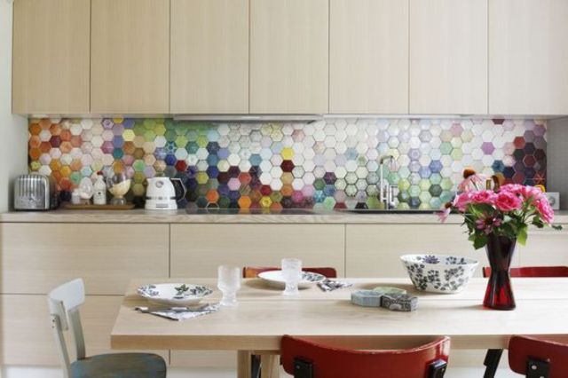 colorful mosaic hexagon tile backsplash to spruce up neutral cabinets