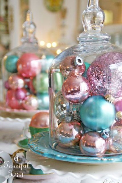 shiny pastel ornament display is vintage classics