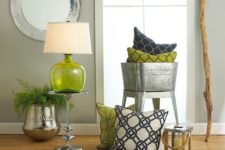 09 a greenery glass lamp and a striped rug with this color