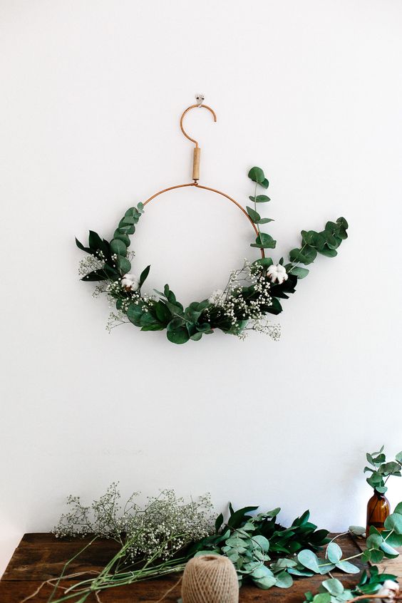 modern copper wreath with eucalyptus and cotton