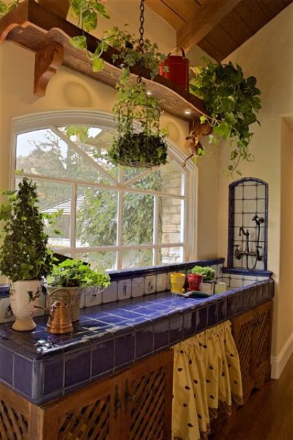 beautiful blue tiles on the kitchen island