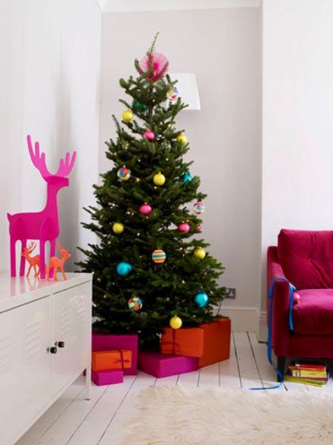 colorful ornaments and gifts, bold deer for fun