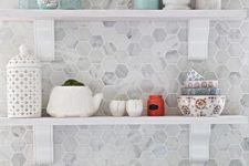 14 marble hex backsplash with white grout