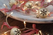 14 whitewashed tray with jingle bells and string lights