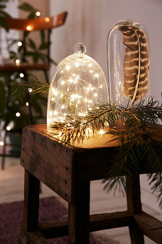 string firefly lights in a cloche