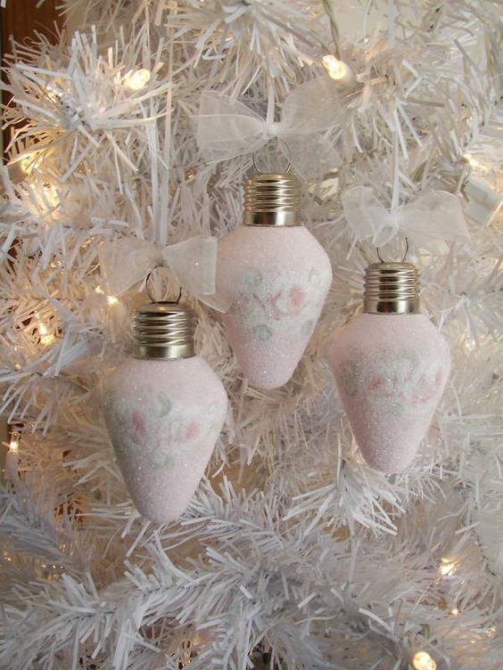 usual bulbs turned into snowy Christmas ornaments in pink