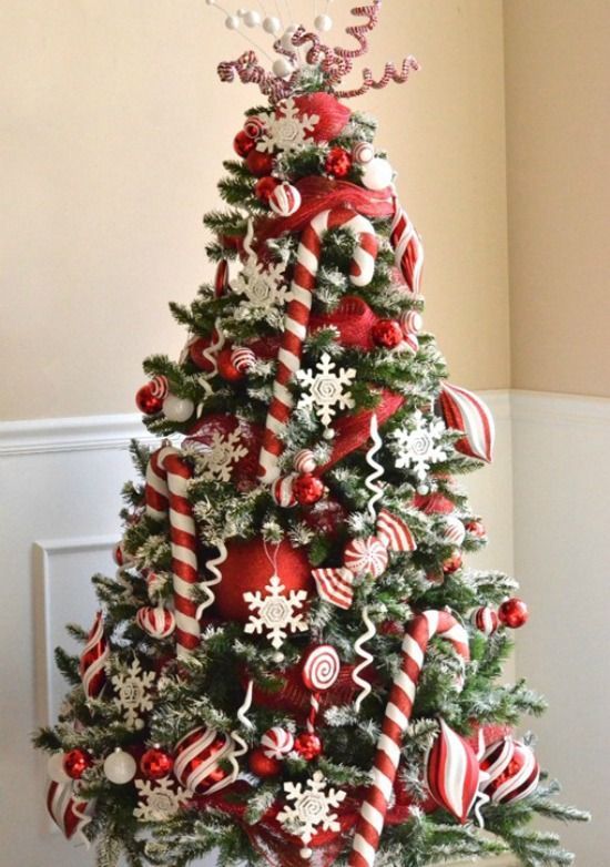 red and white Christmas tree with oversized balls and candy canes