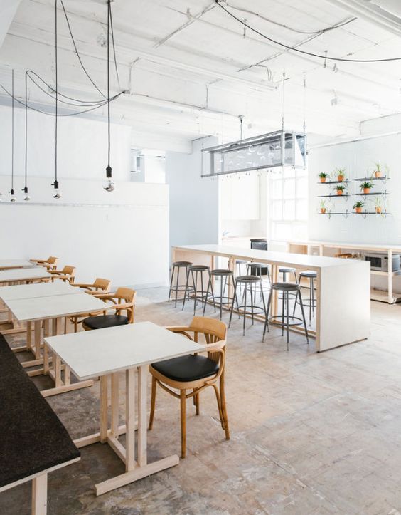 modern, even minimal coffee shop decor decorated with black and neutrals