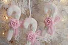 22 snowy candy canes with pink roses for ornaments