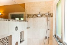25 warm and light-colored walk-in shower with accentuated niches
