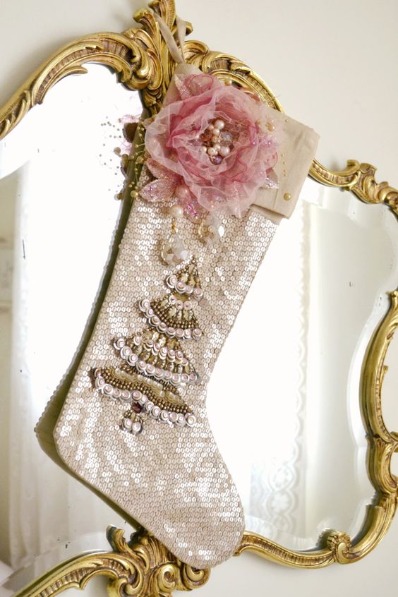 shabby chic embellished stocking with a beaded tree and a pink flower