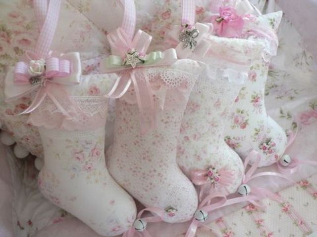 floral fabric stockings with jingle bells