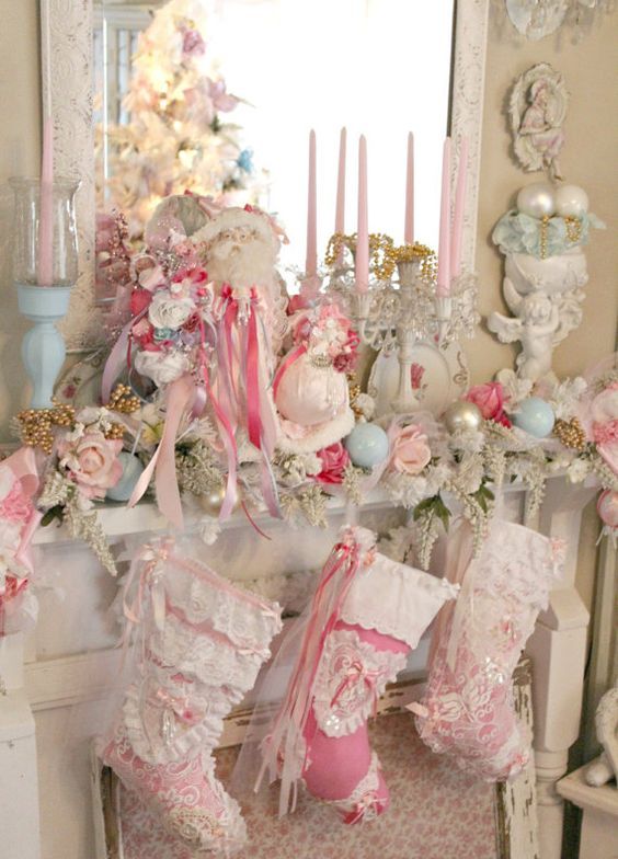 lush shabby chic Christmas mantel with ruffled stockings, ornaments and candles