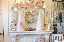 34 shabby chic Christmas faux mantel with pastel ornaments and trees