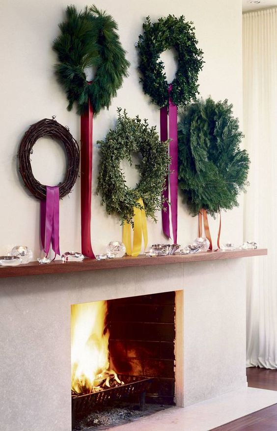 different wreaths with colorful ribbon