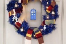 36 blue wreath with lights, a scarf and Tardis