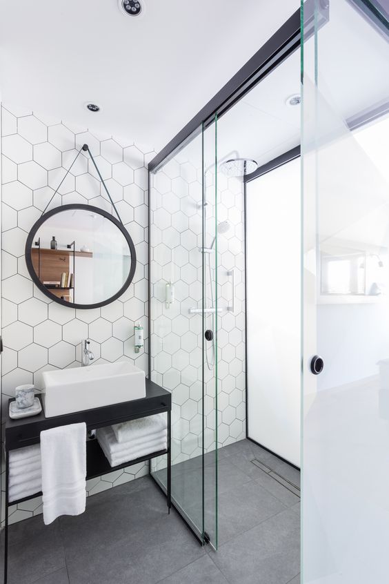 honeycomb backsplash makes for a playfully modern space