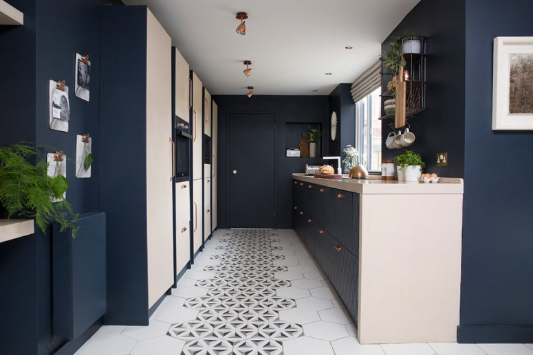 mixing plain white tiles with patterned ones creates a central carpet 