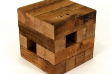 01 Koper end table is made of pieces of decrepit Los Angeles buildings, its weathered wood looks cozy