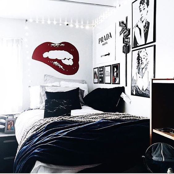black and white done right, red lip art and famous women photos on the walls