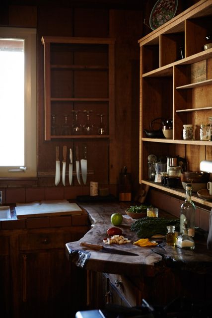 this rustic kitchen decor is defined by a raw edge counter