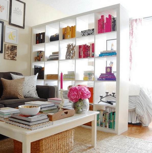 a tall shelving unit separates a bedroom zone from the living room