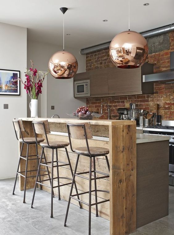 industrial-inspired light-colored breakfast bar counter