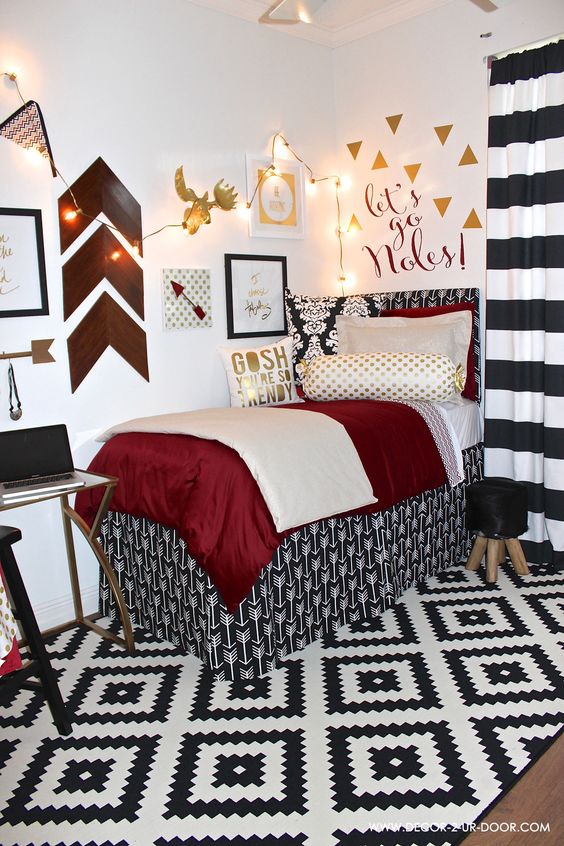 bold black, white and red room decor with lots of patterns