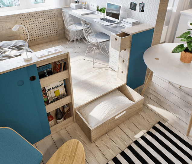 podiums may contain storage drawers, which is a perfect solution for any small apartment