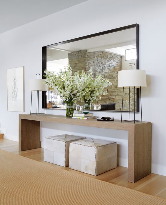 sleek minimalist wooden console table, long and narrow