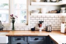 26 open shelving, butcher block countertops and painted cabinets
