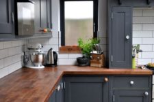 27 dark grey kitchen cabinets and dark stained butcher block countertops