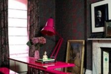 27 fuchsia dining set with benches and a table in a dark room