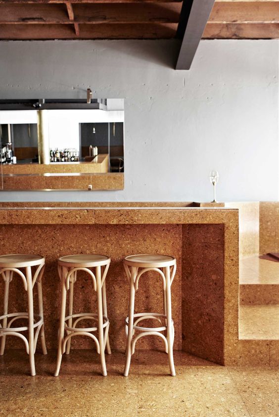 cork floors coming into cork countertops for a cozy kitchen