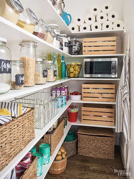 crates and baskets will make your pantry look more rustic