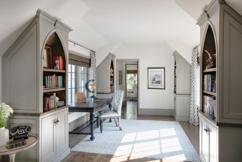 This whole attic space has become a home office in greyish-taupe tones. (Panageries)