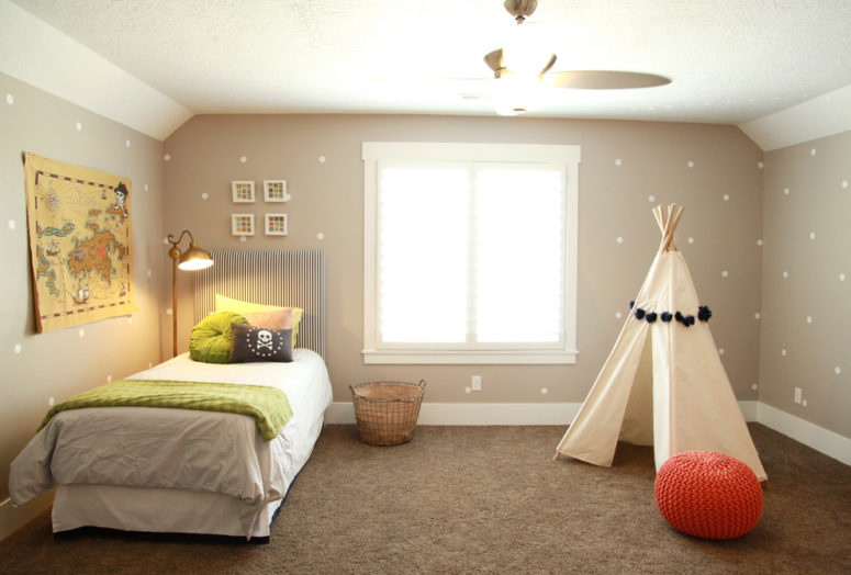 A teepee is what you need to make kids room special. A polka dot pattern on taupe walls makes it interesting too. (stephmcran)