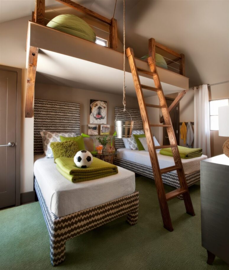Beige color tones works well in a shared kids room too. They are gender neutral. (Kemp Hall Studio)