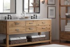 03 cool bathroom vanity done in a mix of rustic and modern, an open shelf and drawers