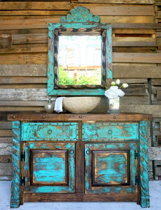 shabby turquoise bathroom vanity with a bold worn look
