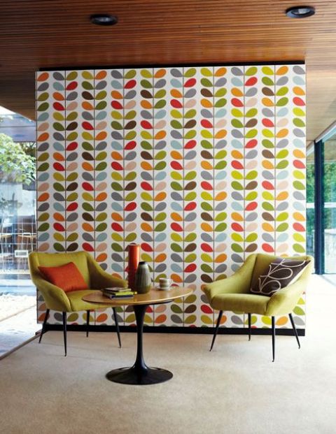 a super bold accent wall in a living room and chairs of a corresponding color