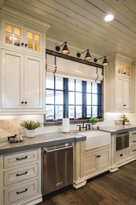 stylish off white kitchen with grey quartz countertops to create a contrast