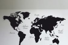 11 minimalist black and white living room with black world map wall decals