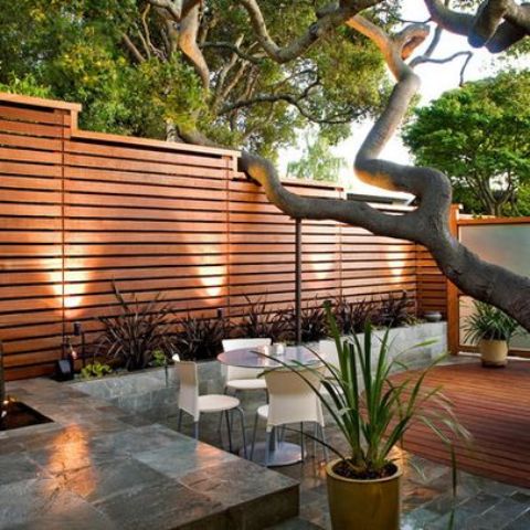 modern backyard with a horizontal wood fence and concrete planters along it
