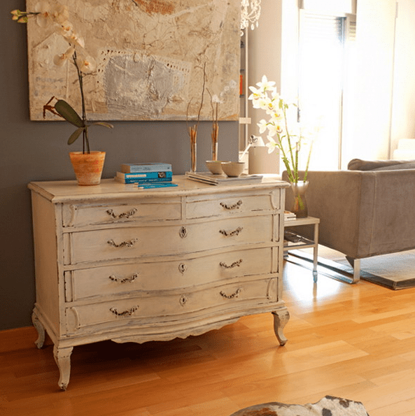 shabby chic neutral dresser easily fits a modern space