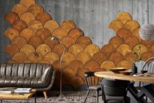 12 fish scale ocher-colored cork wall tiles can be used for creating your wall art
