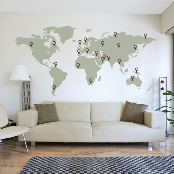 make your living room more inspiring with a world map and point your trips on it