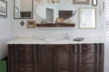18 large old dresser turned into a vanity with a white countertop