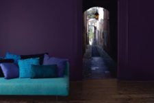 19 deep purple walls will make the space moody and bright turquoise accessories will enliven it